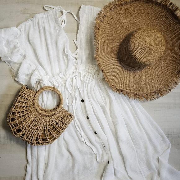 New Gauzy Cover Up Maxi Dress Button Front Deep Plunge White - Picture 11 of 12